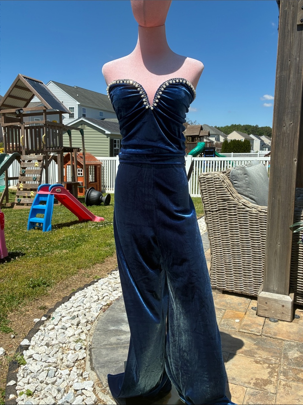 Lulu's Navy Velvet Strapless Jumpsuit with Pearl Trim Womens XXL
